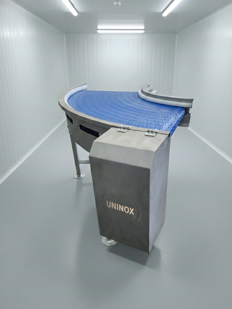 Esteira curva em inox para layout frigorífico