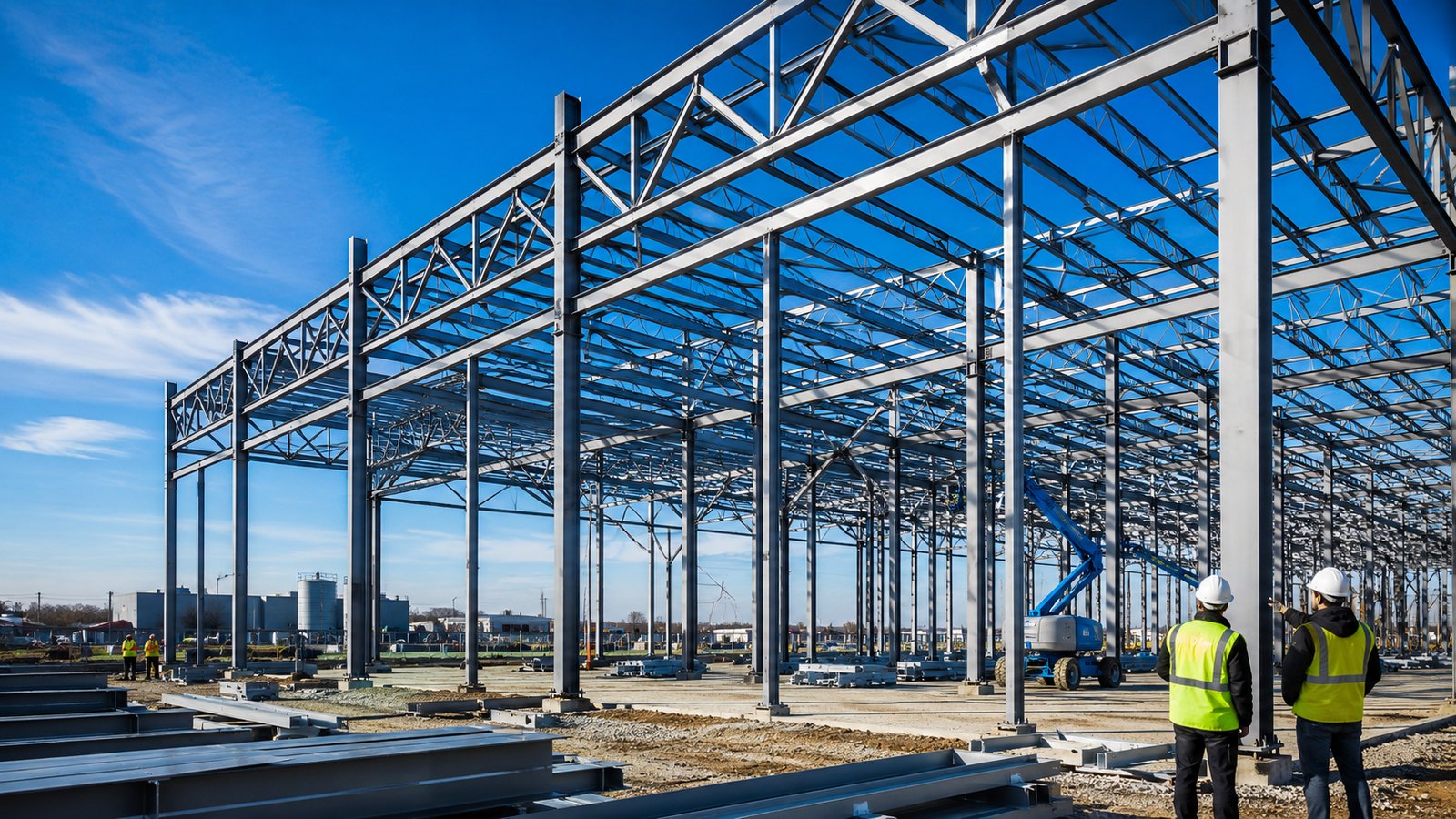 Framework de aço em estrutura metálica industrial