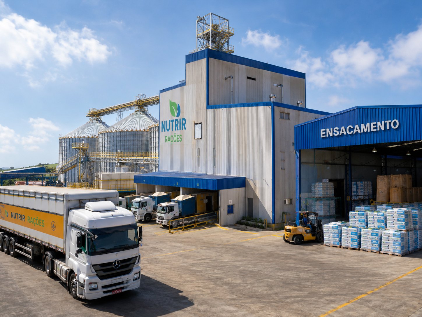 Fábrica de ração com caminhões e ensacamento