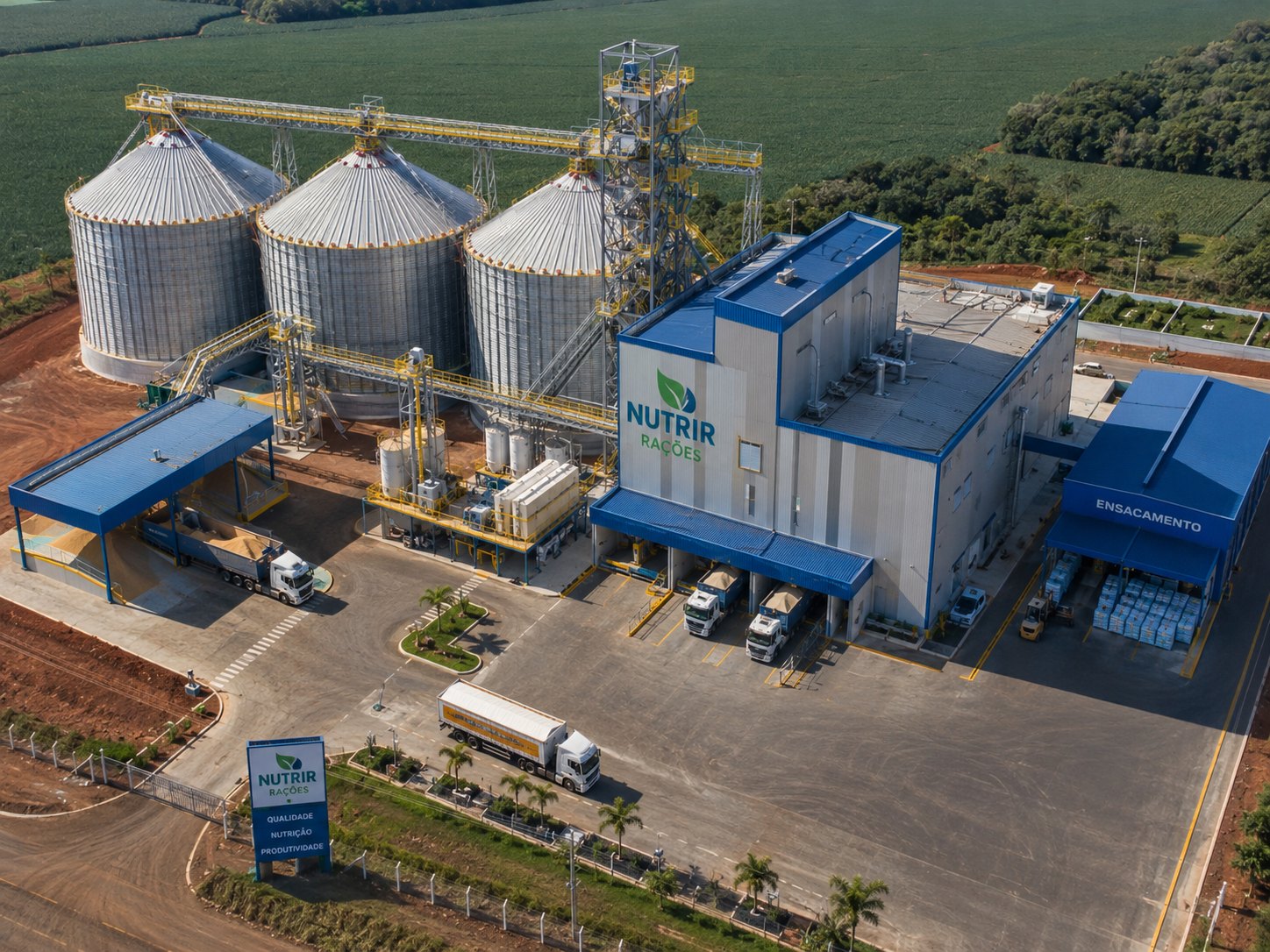 Fábrica de ração com silos, carregamento e área industrial