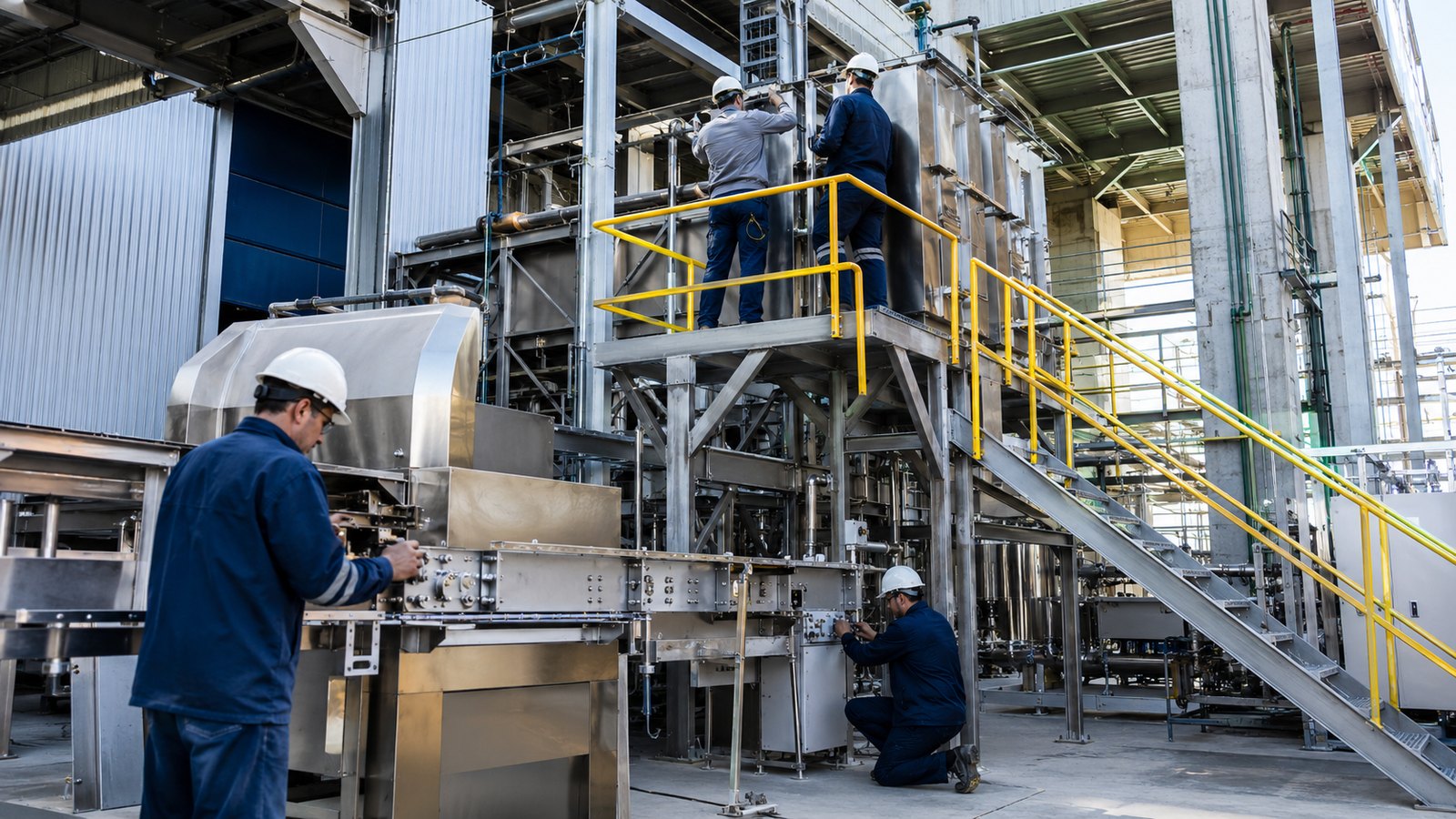 Montagem e integração industrial com técnicos em campo
